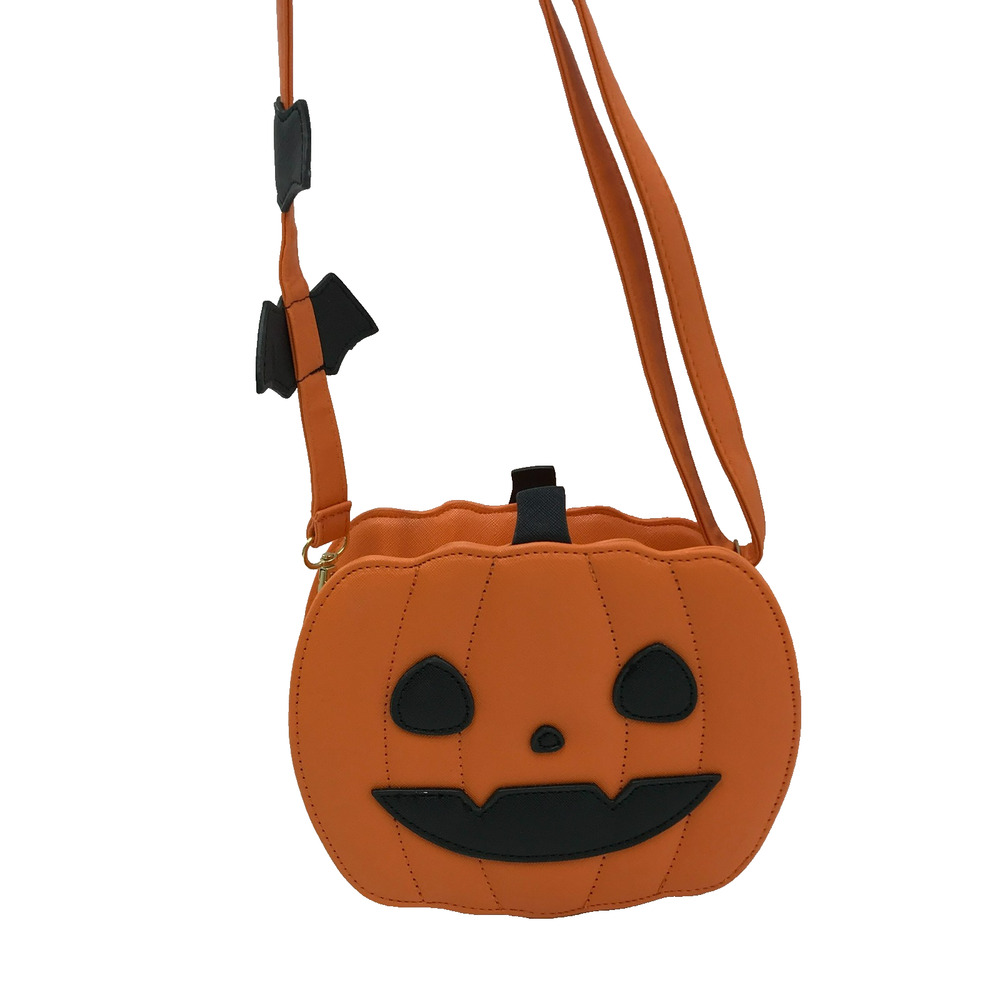 Jack-o-Lantern Halloween Pumpkin Bats Crossbody Bag Zip Detachable Strap Orange